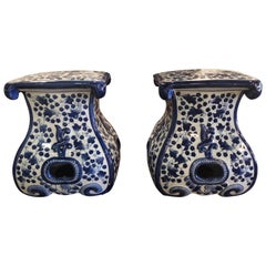 Pair of Blue and White Ceramic Garden Stools Benches Stands