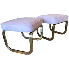 Pair of Brass and Pink Velvet Stools Benches Ottomans Hollywood Regency