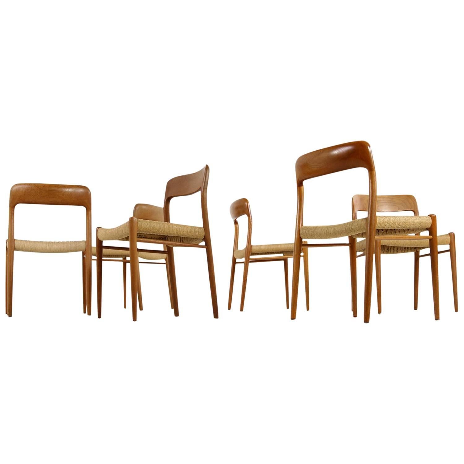 Six 1960s Danish Teak and Cane Dining Room Chairs by Niels O. Moller Mod. 75