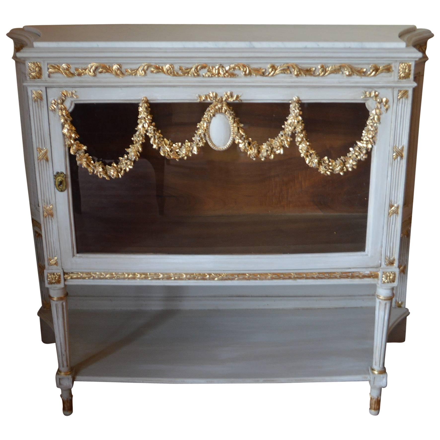 Louis XVI Style Painted Cabinet with Glass Door, Gilded Details, Marble Top