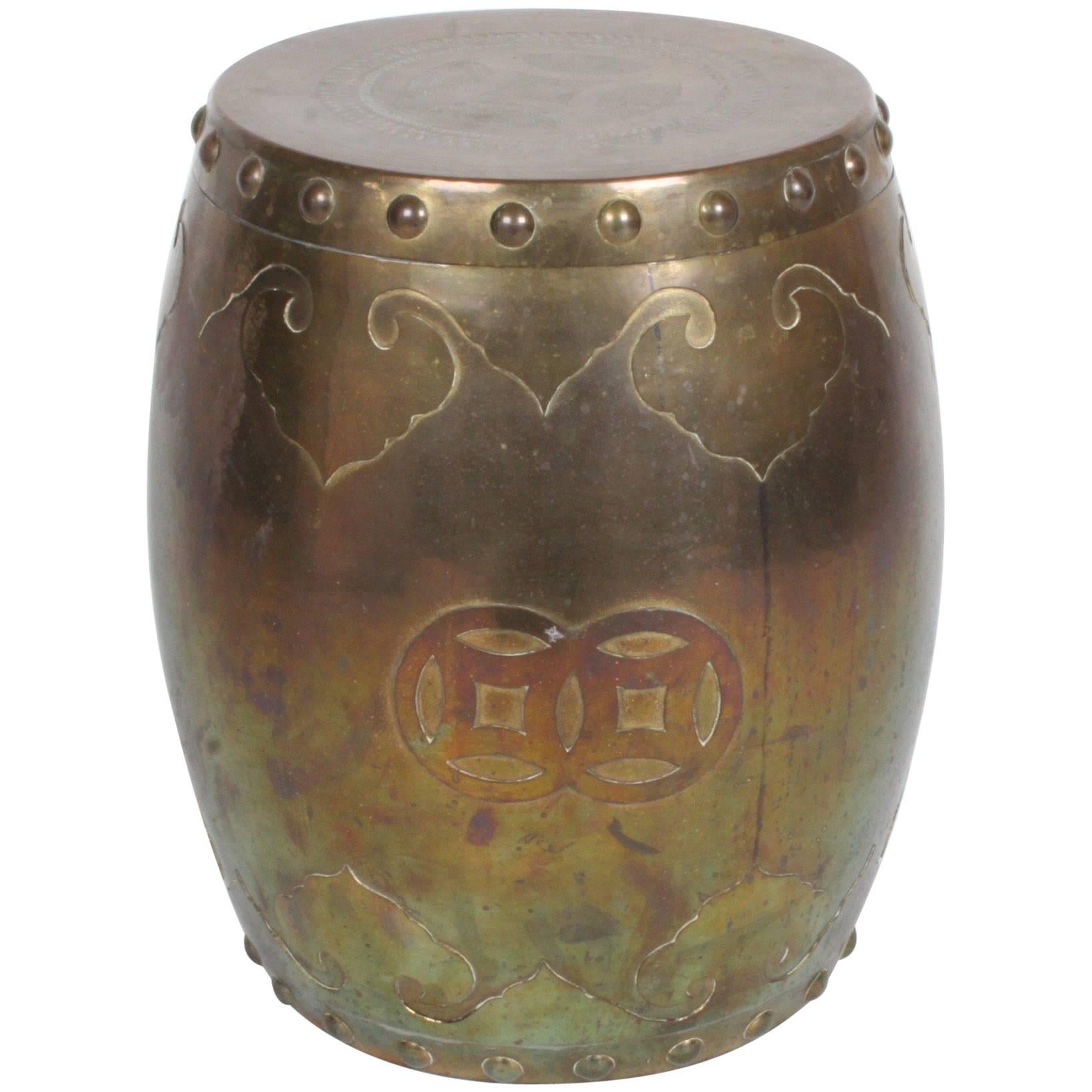 Solid Brass Asian Drum Side Table or Stool 