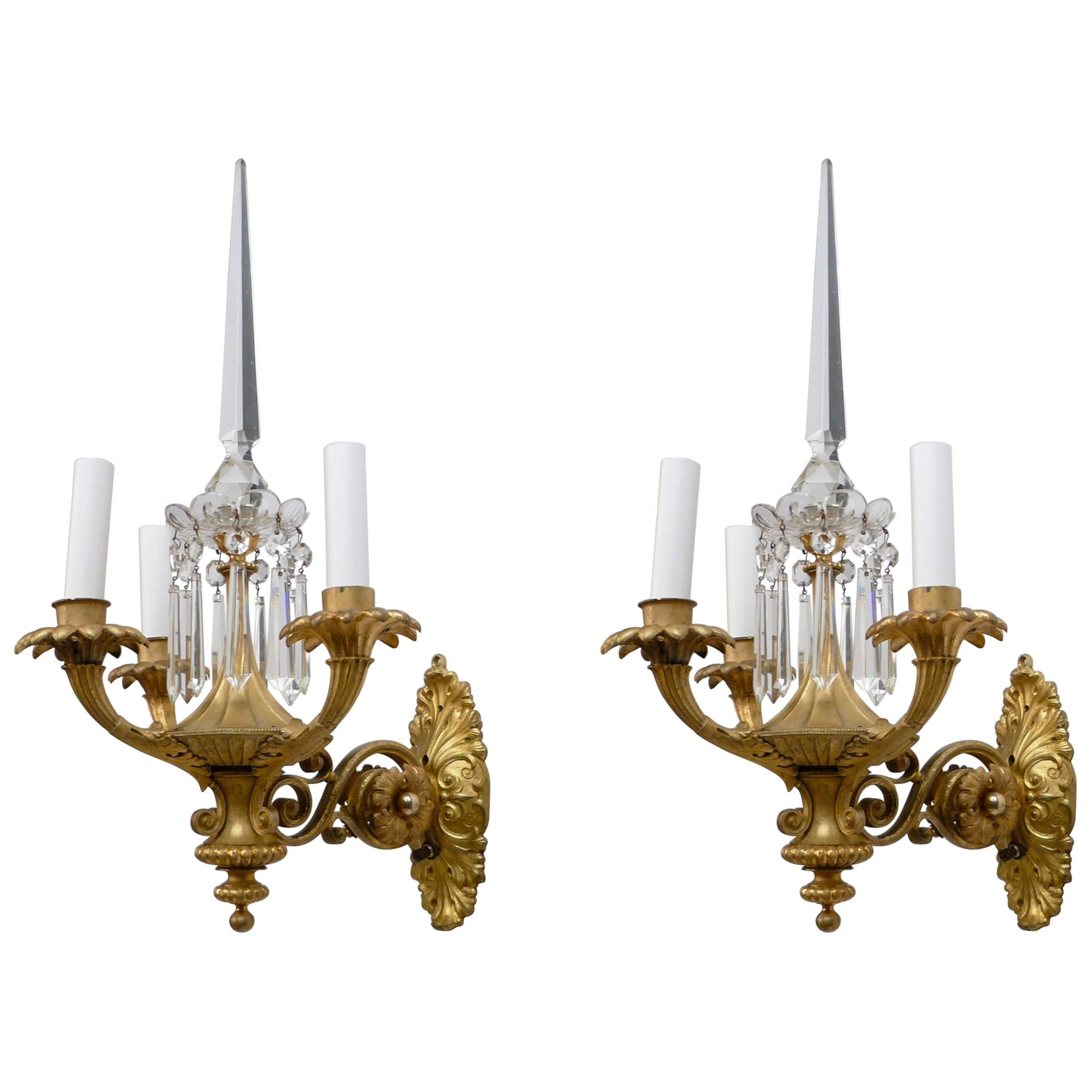 Pair 19th Century English Gilt Brass and Crystal Neoclassical Style Sconces For Sale
