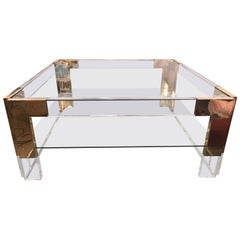 Brass and Lucite Two Tier Glass Coffee Cocktail Table Vintage Hollywood Regency