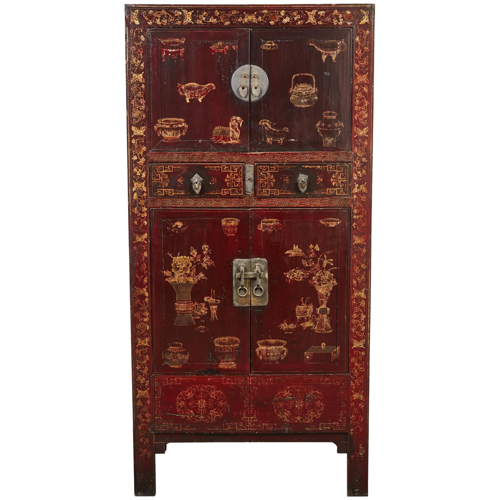 19th Century Black and Red Chinese Chinoiserie Lacquered Cabinet
