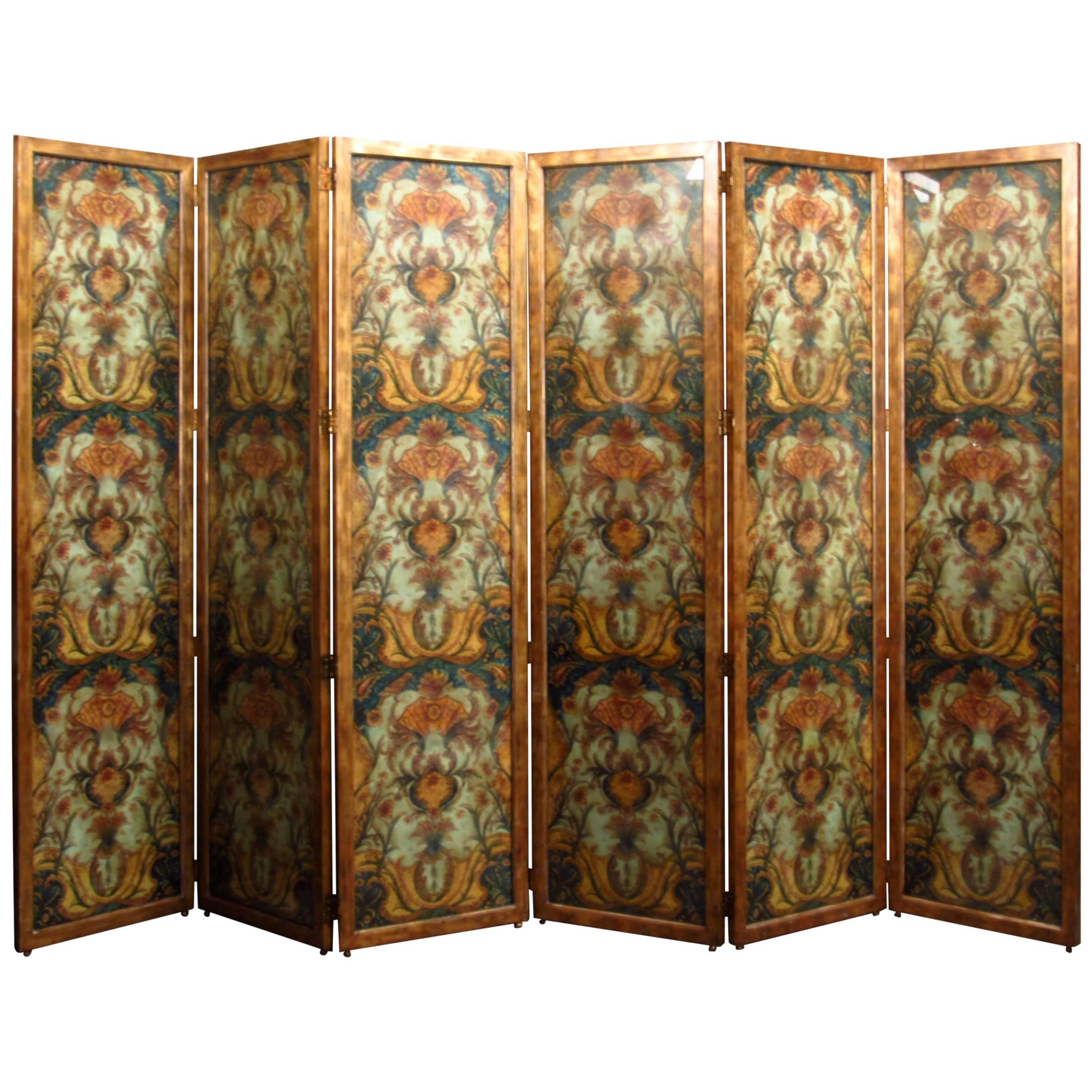 6 Panel Glass and Gilded Mahogany Screen by Maitland-Smith, 1990s