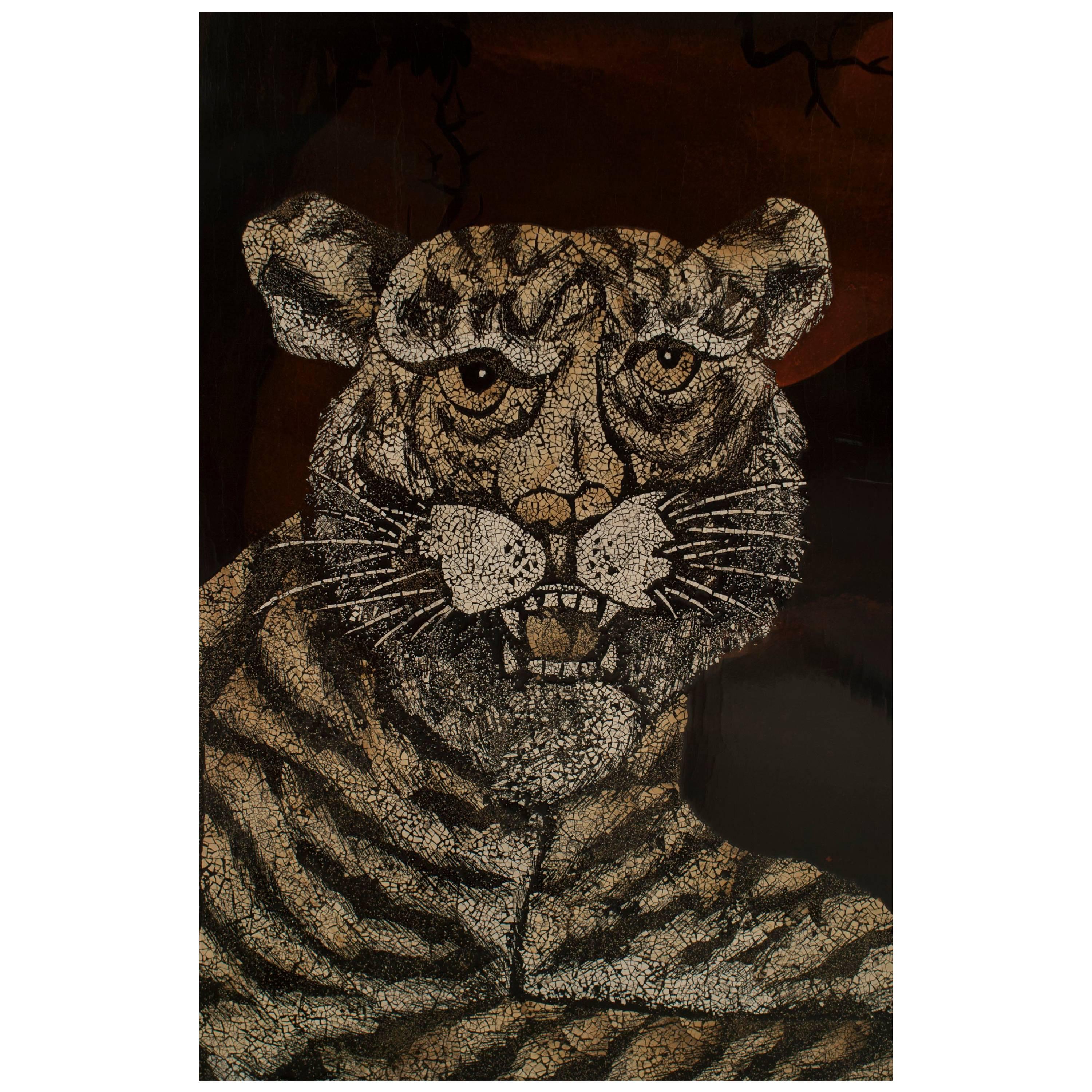 French Black Lacquered Tigers Wall Plaque For Sale