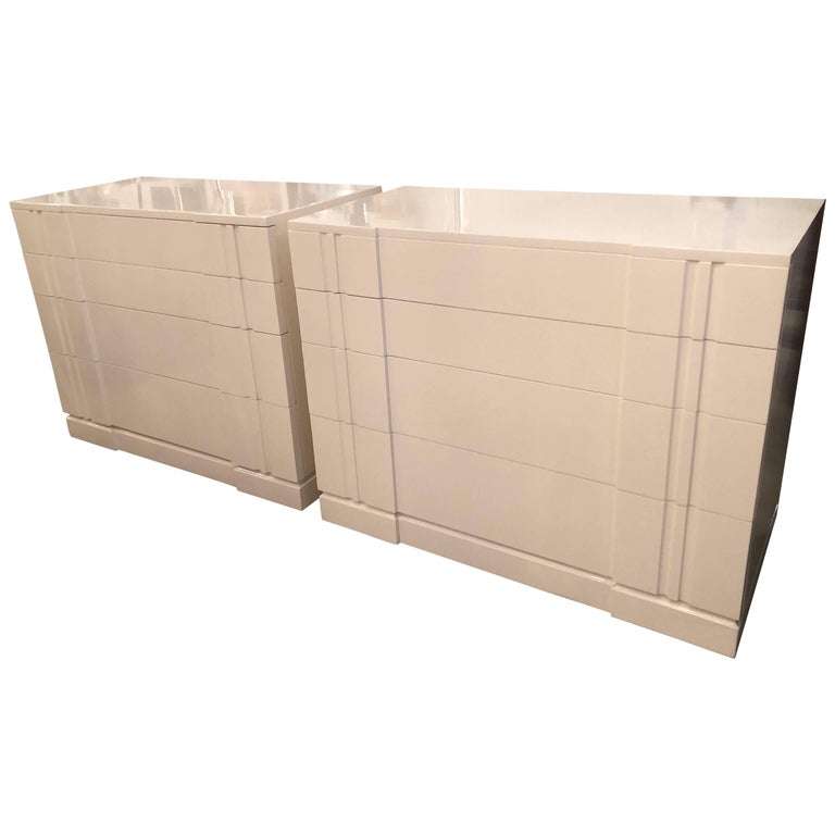 Pair Of Linen White Lacquered Bachelor Chests Nightstands Dressers