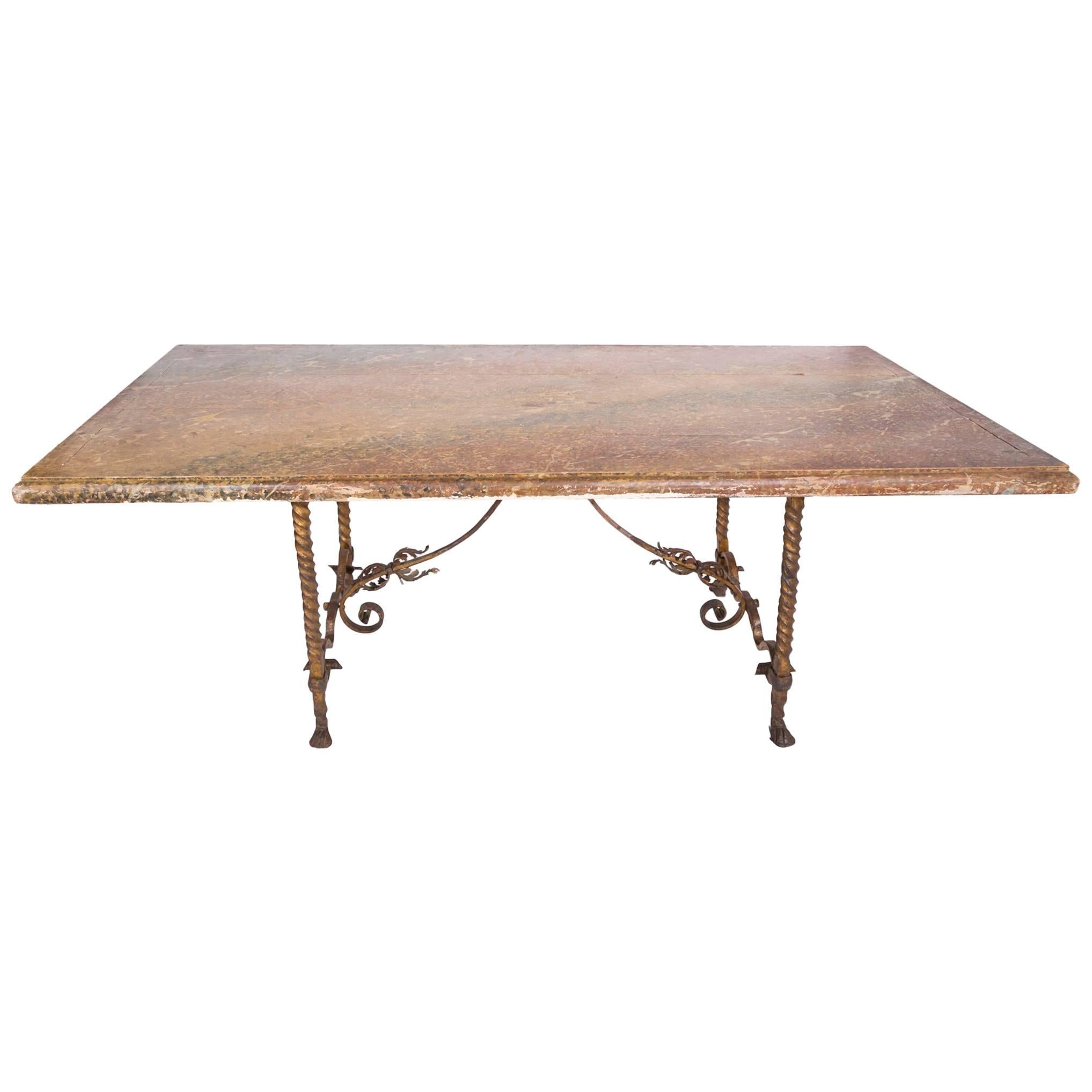 Vintage French Faux-Marble Table with Gilded Iron Base