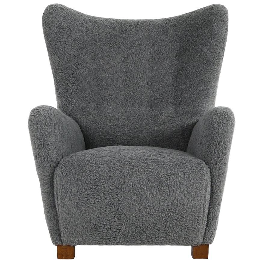 Large Danish Lounge Chair Wingchair Flemming Lassen Teddy Bear Fur Sheepskin