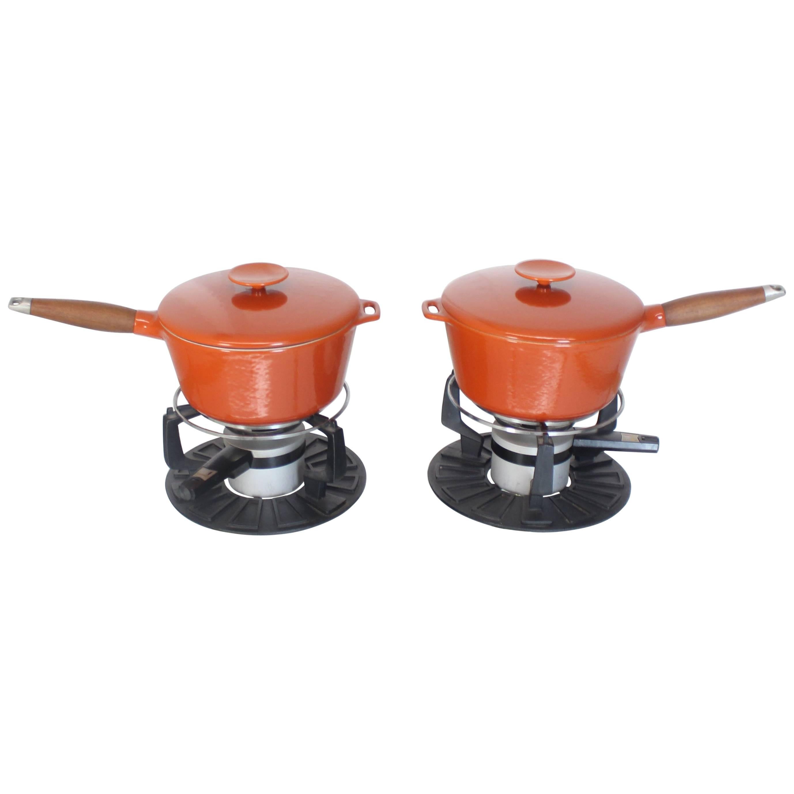 Pair of Danish Modern Orange Pots Sause Pans with Teak Handles and Food Warmers