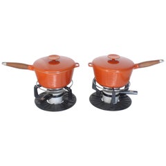 Vintage Pair of Danish Modern Orange Pots Sause Pans with Teak Handles and Food Warmers