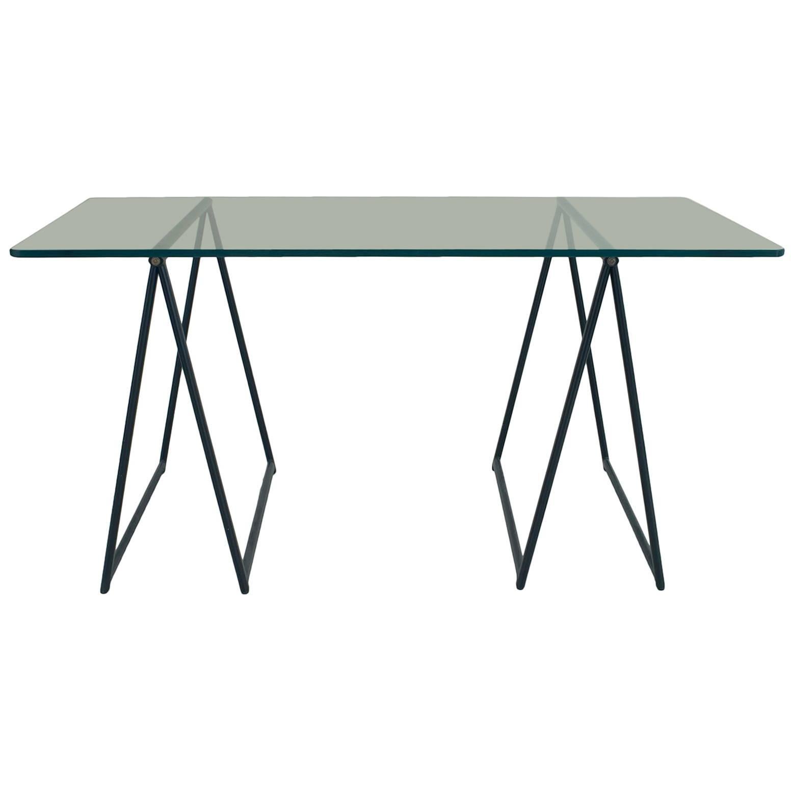 Post-War Campaign Style Jansen Post-War Glass Table For Sale