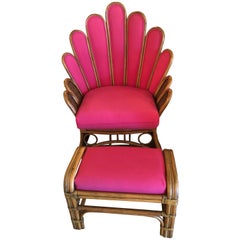 Vintage Rattan Wicker Peacock Fan Back Arm Chair & Ottoman Footstool Upholstered