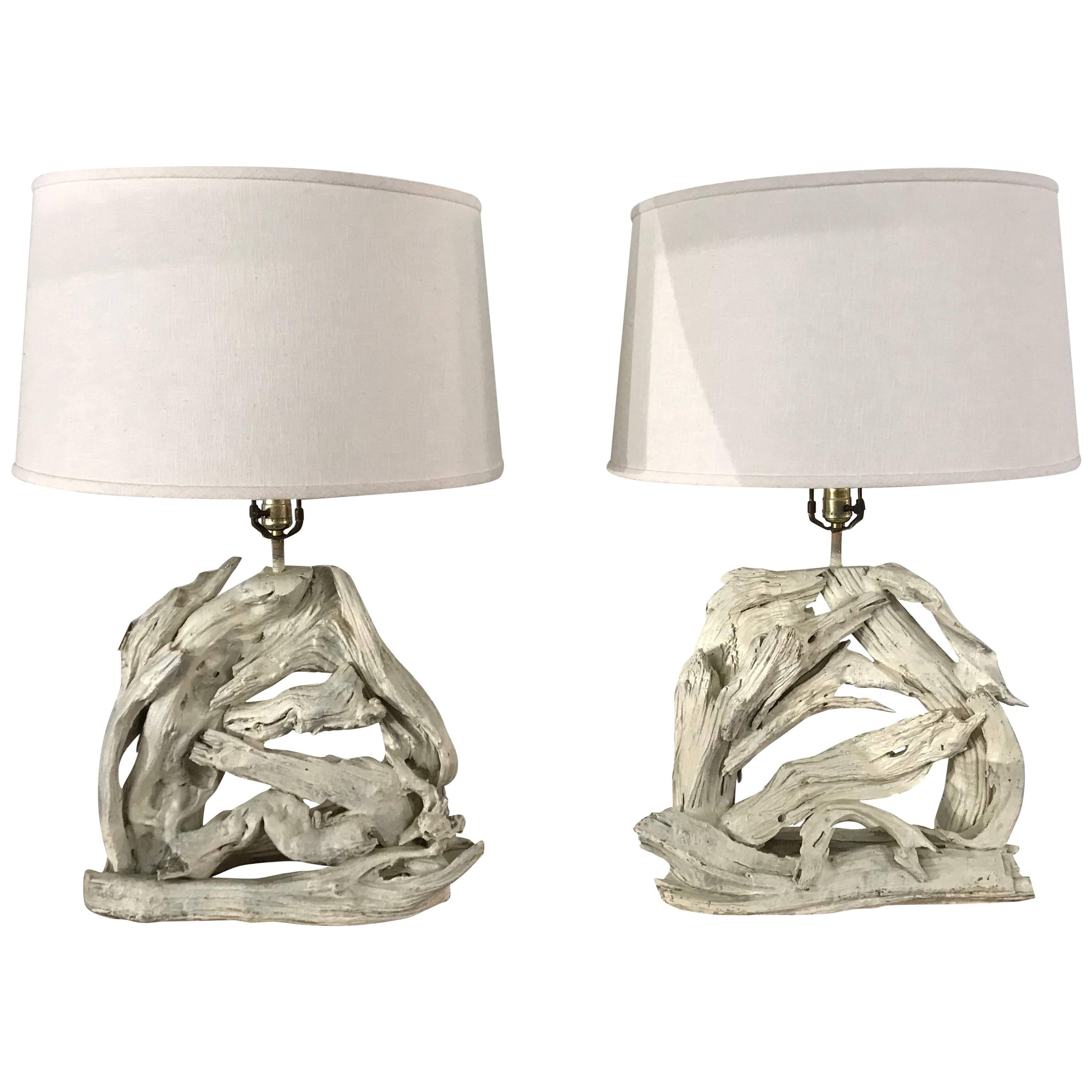 Monumental Pair of Driftwood Lamps