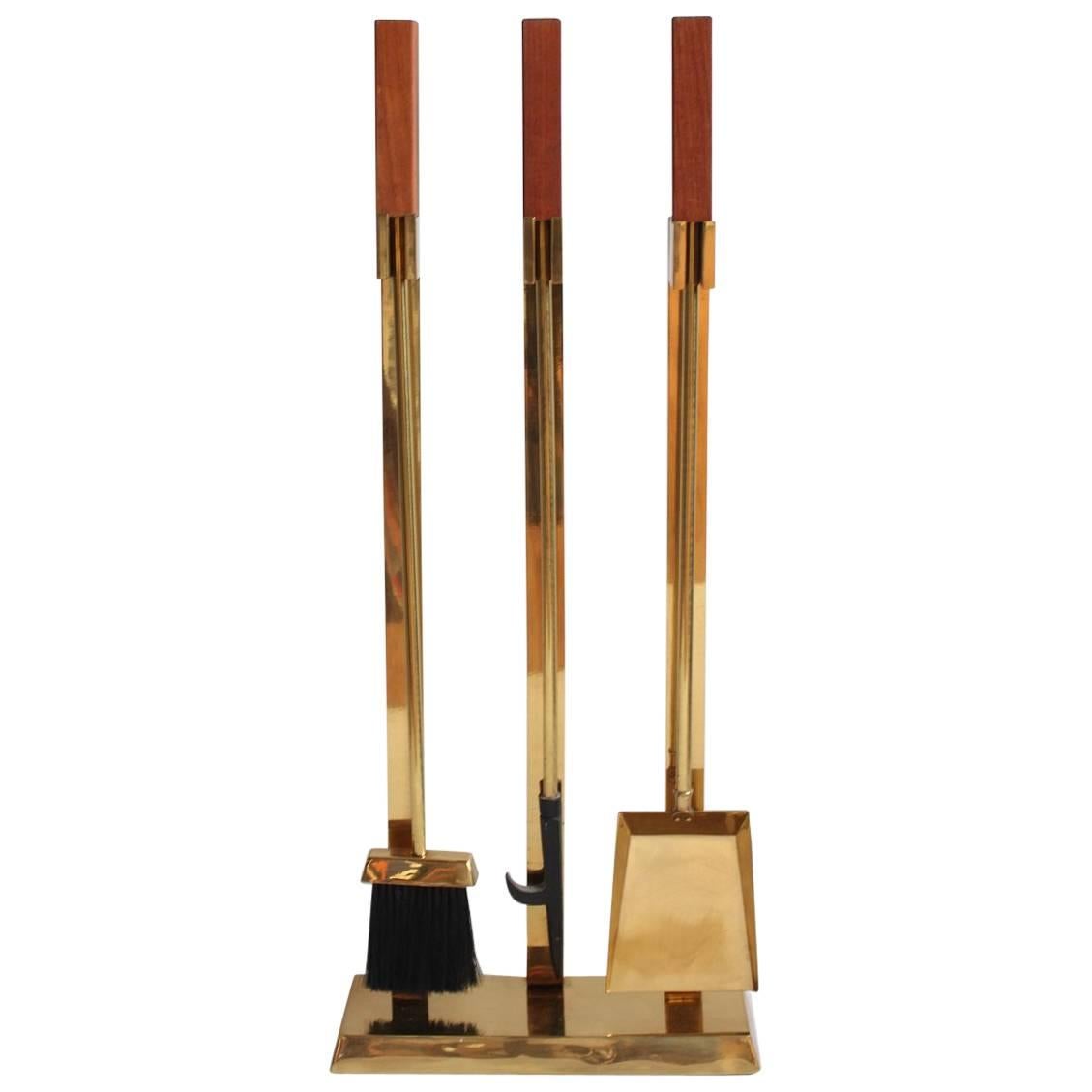 Midcentury Brass and Teak Fire Place Tools For Sale