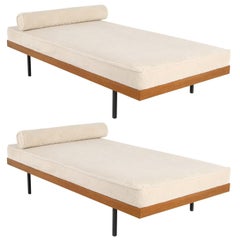 Vintage Minimalist Daybed, 1950s Midcentury Teak and Metal Teddy Bear Fur Sheepskin