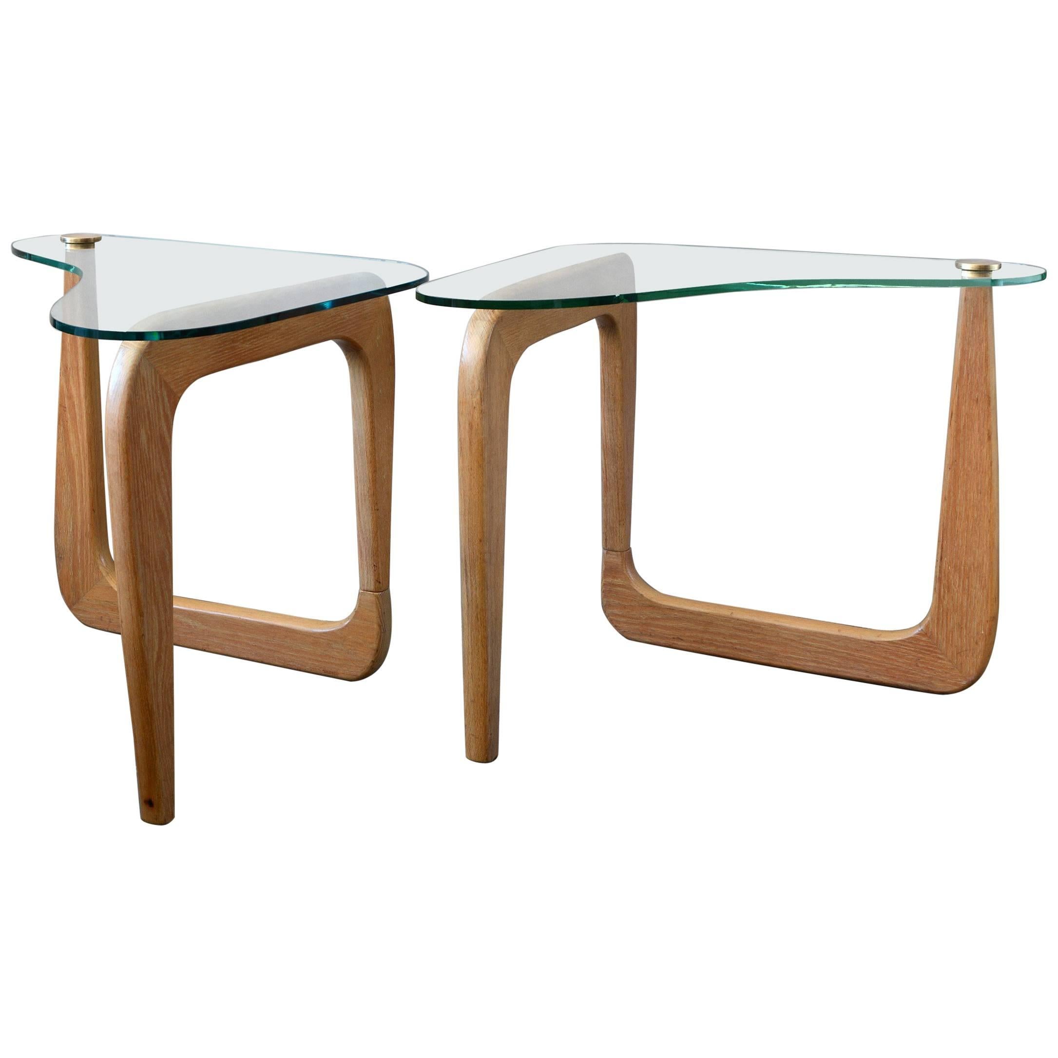 Pair of Sculptural Cerused Oak and Glass End Tables