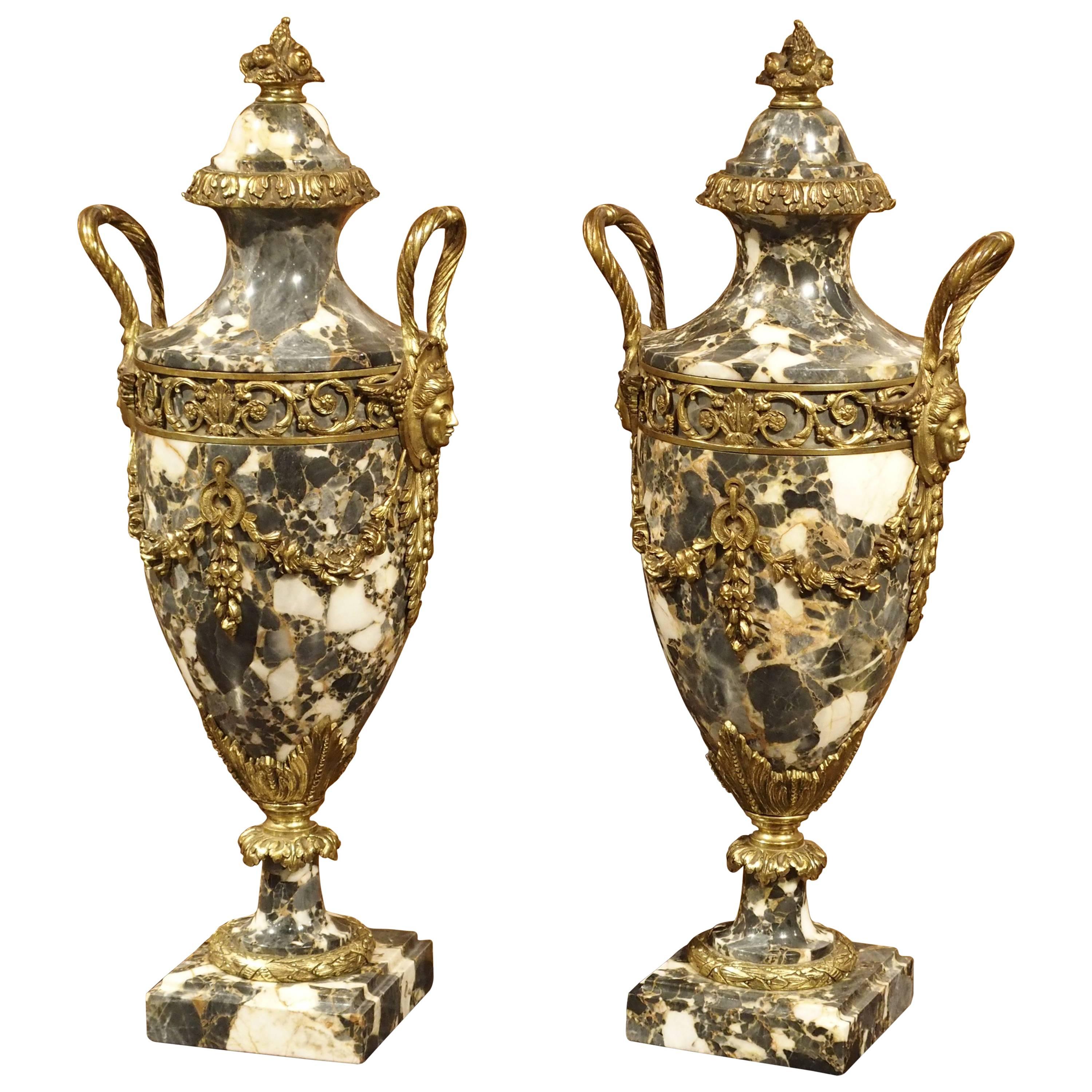 Pair of Gilt Bronze and Marble Cassolettes from France, circa 1870