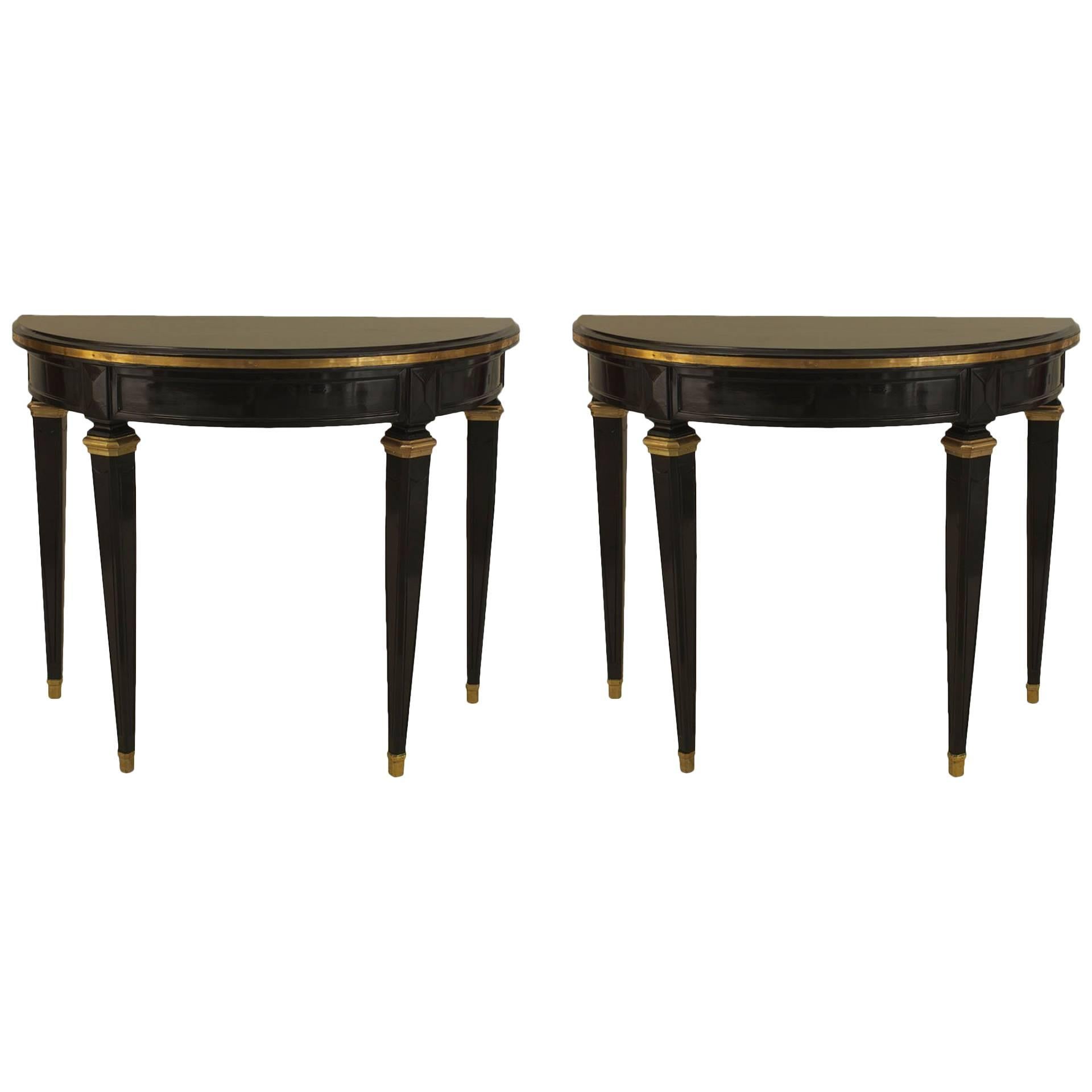 Pair of Jansen French Louis XVI Style Ebonized Demilune Console Tables For Sale