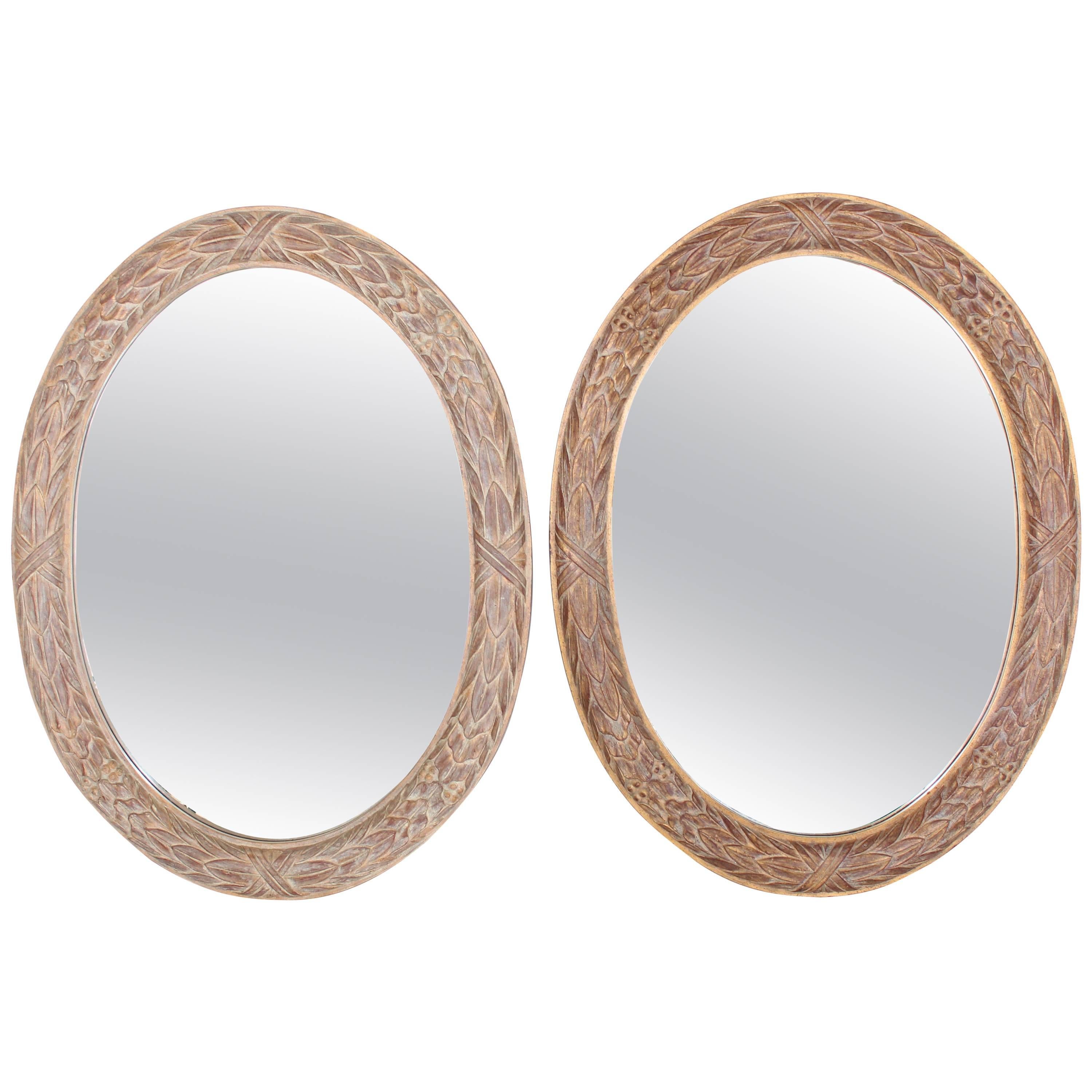 Pair of Medium Large Oval Gold Gild Leaf Pattern Frame Mirrors