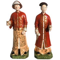 Vintage Pair Italian Chinoiserie Porcelain Nodding Head Figures, Mid 20th Century, Italy