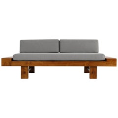 Unique Solid Balinese Teak Wood 1970s Daybed Sofa with New Grey Upholstery