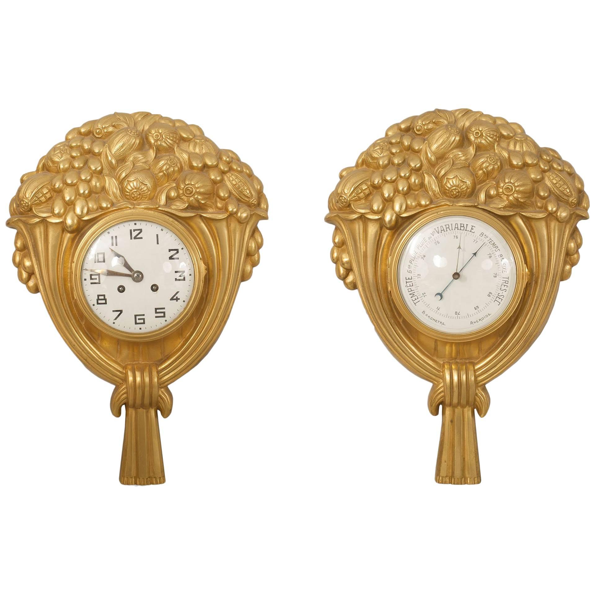 Pair of French Art Deco Gilt Bronze Wall Clock and Barometer, Not Working