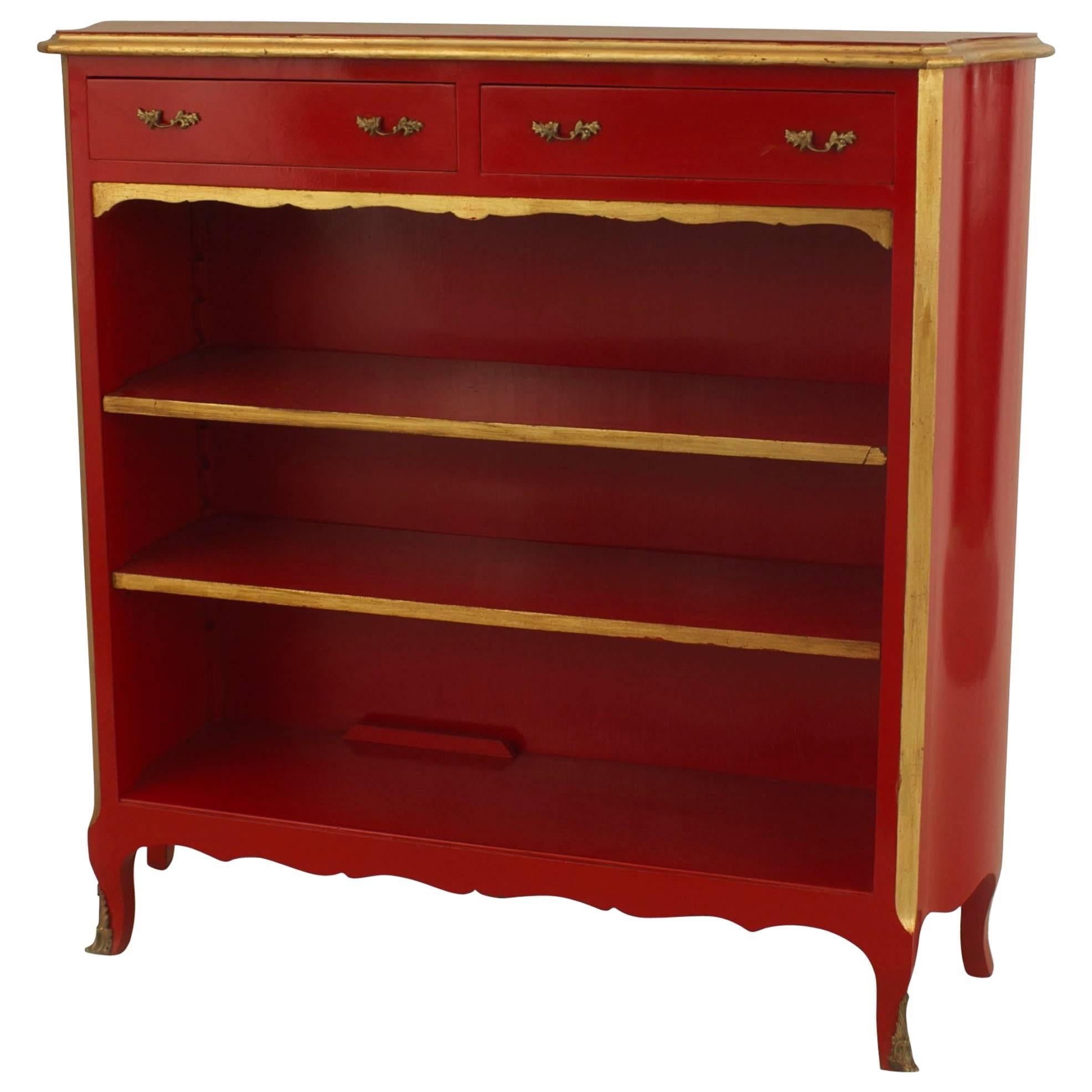 Maison Jansen French Louis XV Style Red Lacquered & Gilt Trimmed Bookcase For Sale