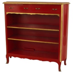 Antique Maison Jansen French Louis XV Style Red Lacquered & Gilt Trimmed Bookcase