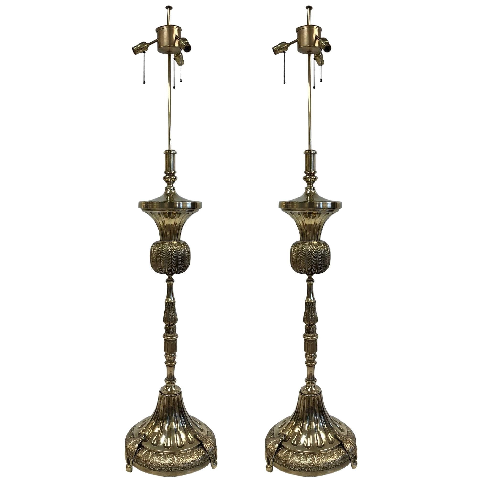 Pair Tall French Antique Polished Bronze Floor Lamps For Sale
