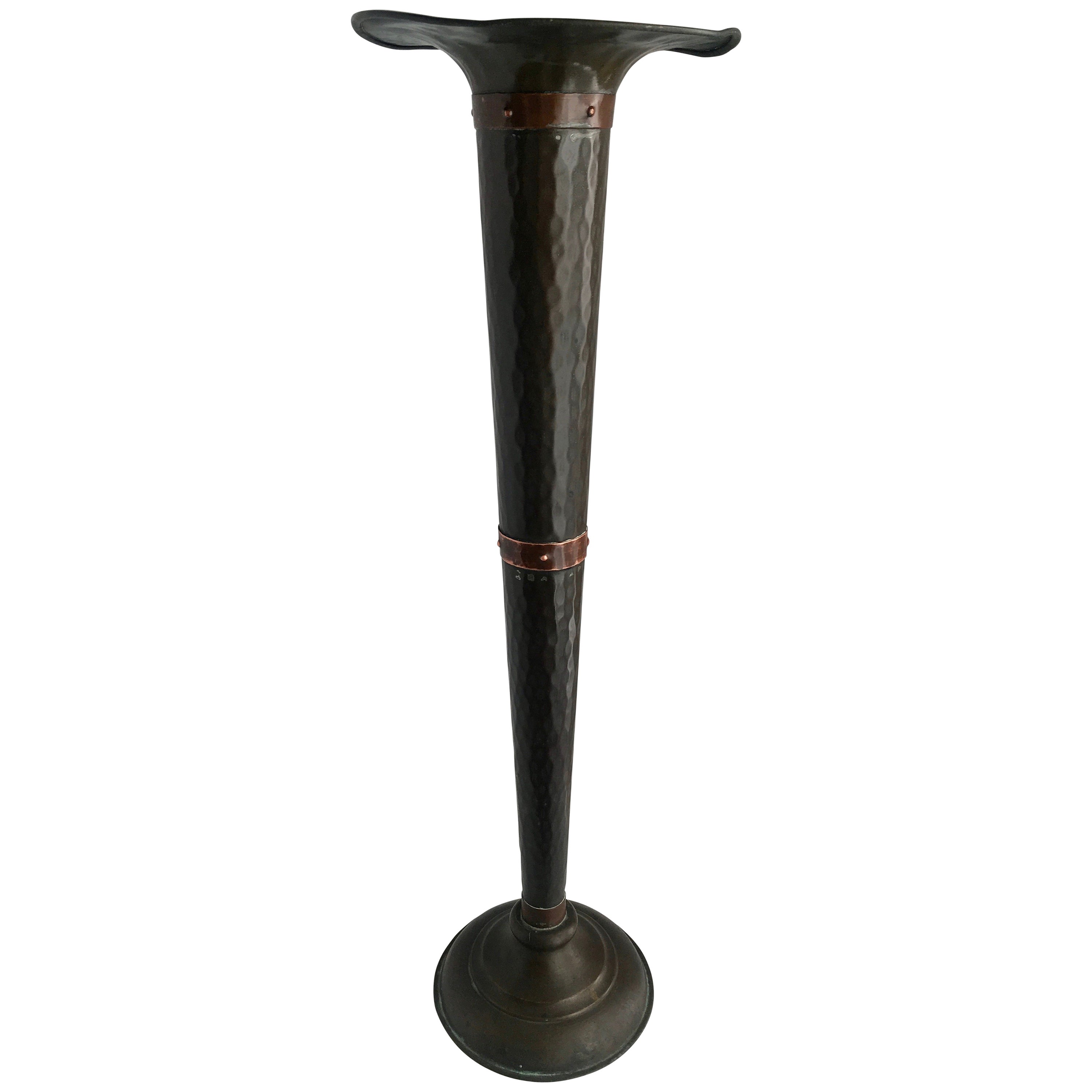 Arts and Crafts Glass and Wrought Iron Floor Vase on Stand For Sale at