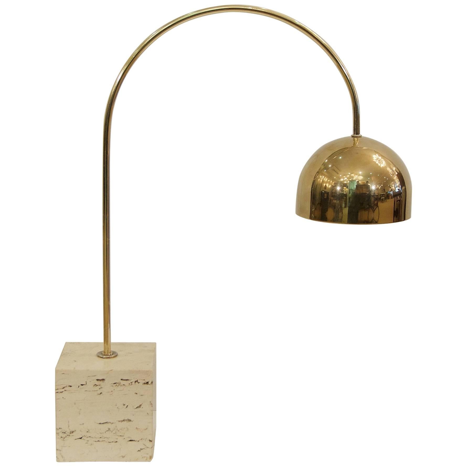 Guzzini Brass Arc Table Lamp with Travertine Base For Sale
