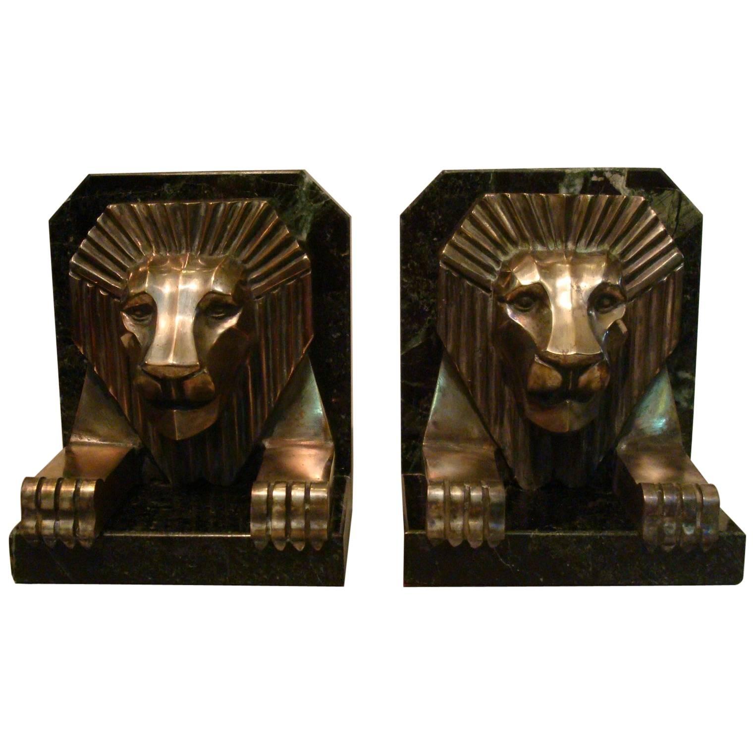 Art Deco Bronze and Marble Lion Bookends, Jacques Cartier, France, 1925