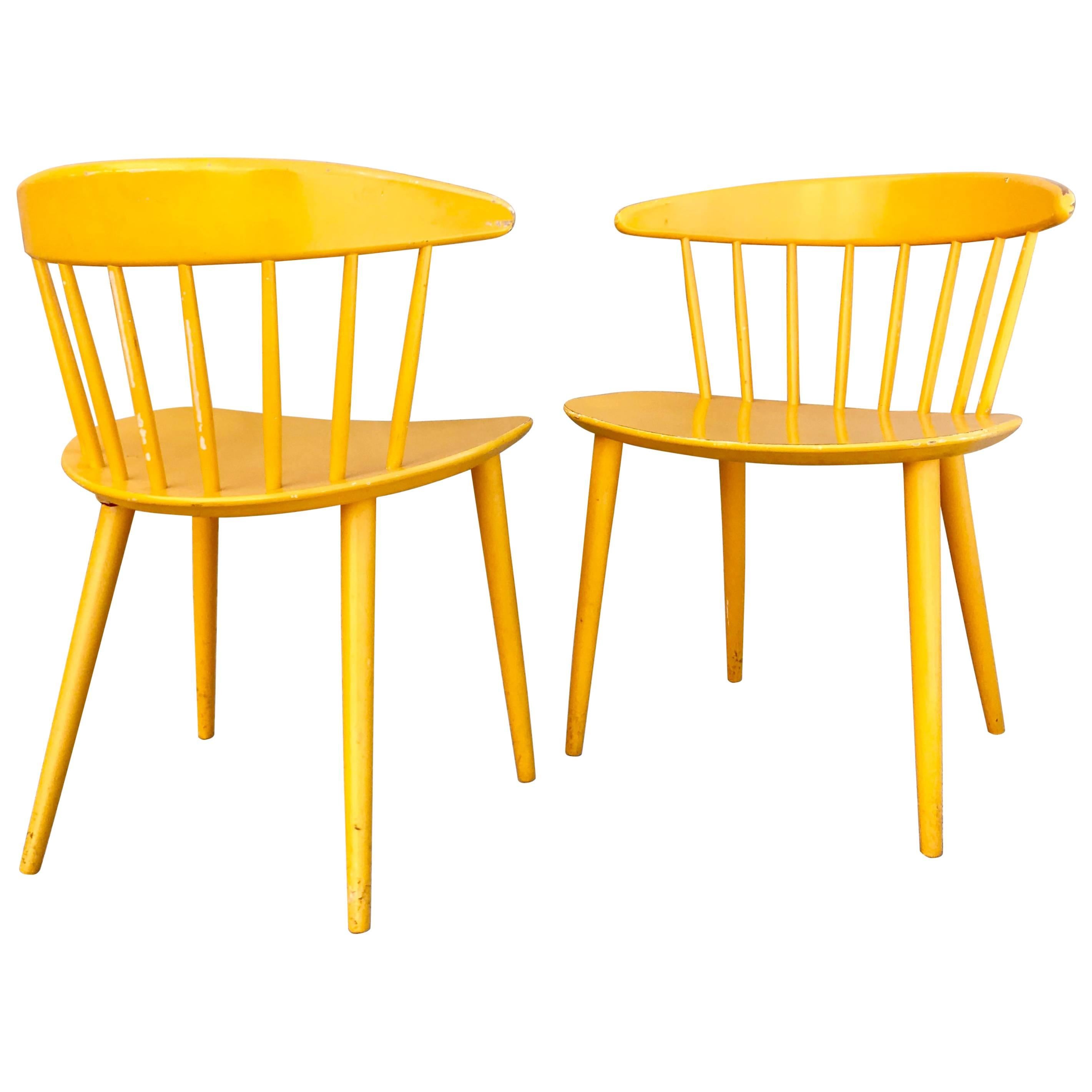 Pair Vibrant 1950s Ejvind Johansson Painted Yellow Danish Modern Painted Chairs