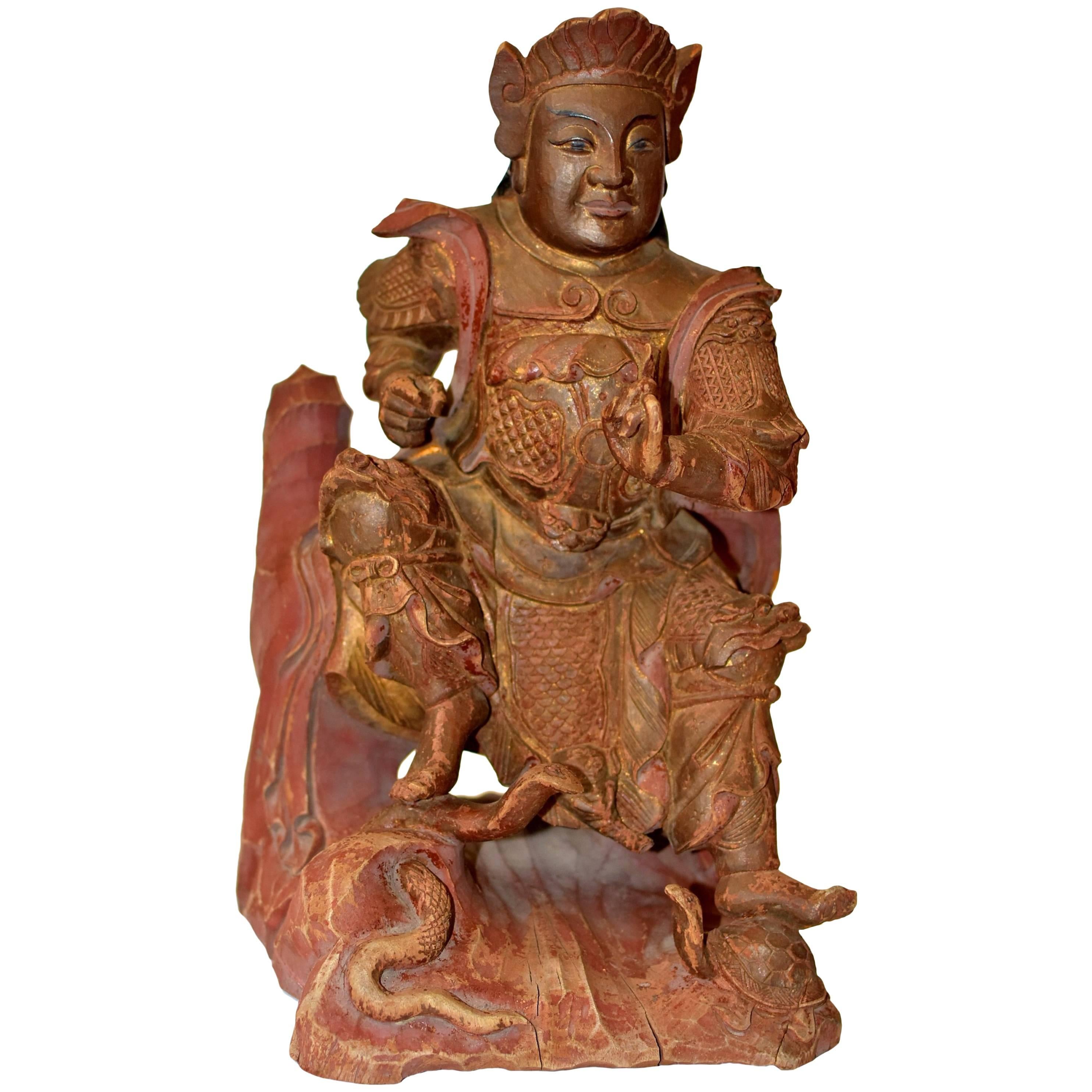 Ancienne statue chinoise du Général du Ciel, sculpture en bois sculpté