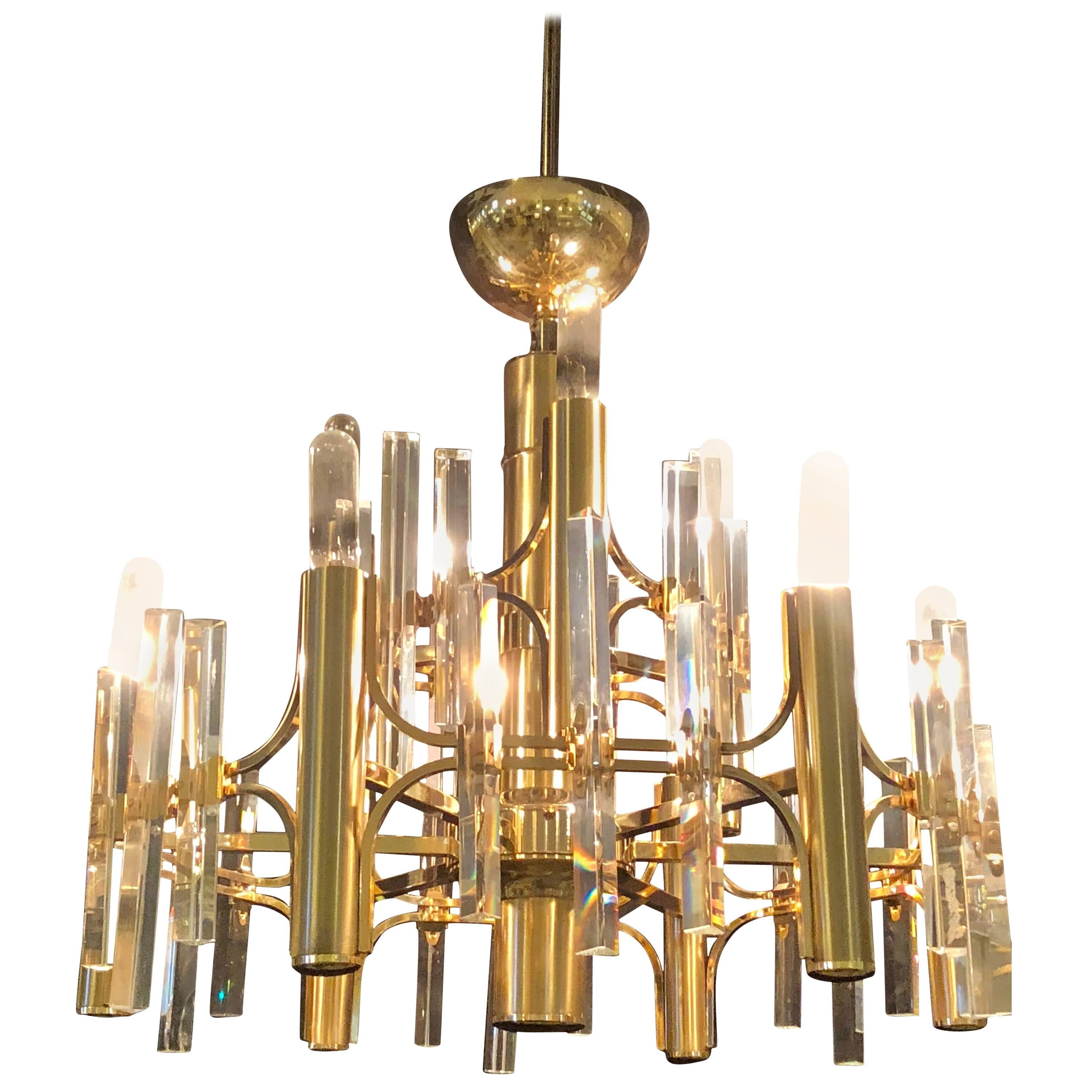 Tommi Parzinger Style Brass Chandelier Cylindrical Lights Crystal Prisms