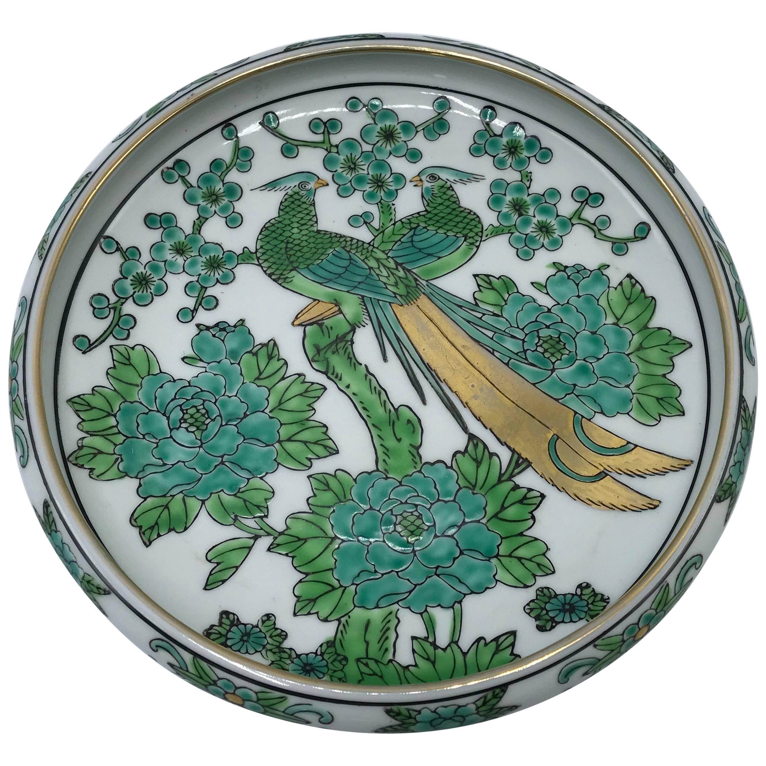 1960s Gold Imari Green and White Dish with Peacock Motif