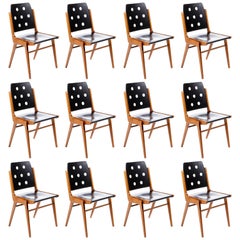 One of 12 Stacking Chairs Franz Schuster, Bicolored Beech Black, Austria, 1959