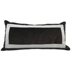 1980s Brown Velvet Lumbar Pillow with Gray and White Greek Key Banding