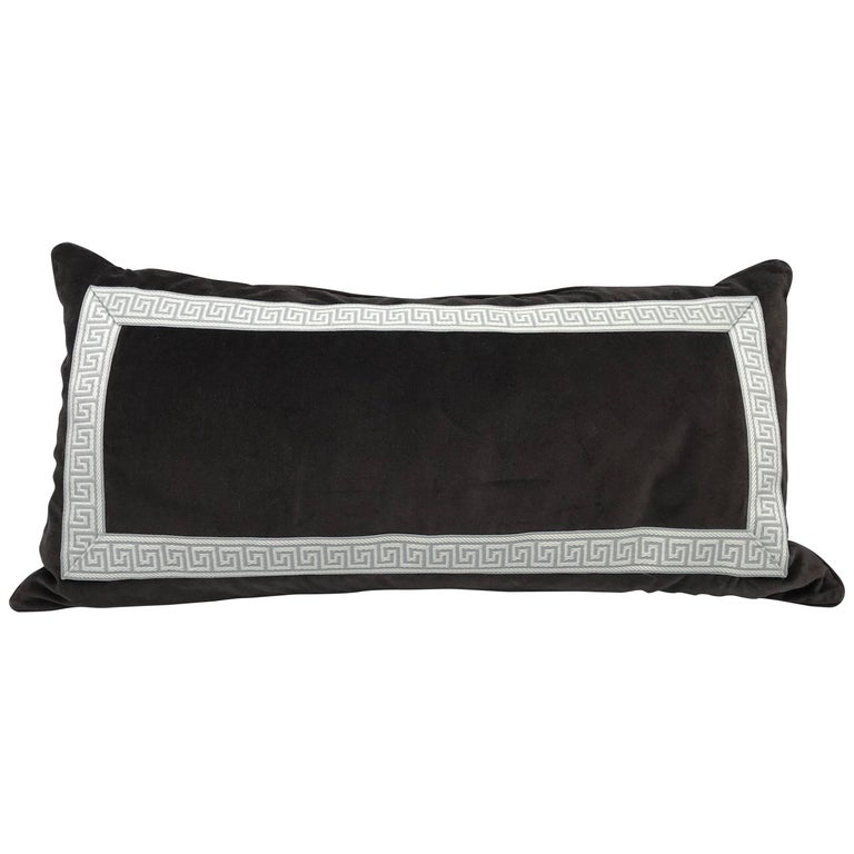 1980s Brown Velvet Lumbar Pillow with Gray and White Greek Key Banding