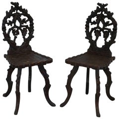 Very Rare Pair of circa 1870 Linden Wood Black Forrest Carved Wood Hall Chairs