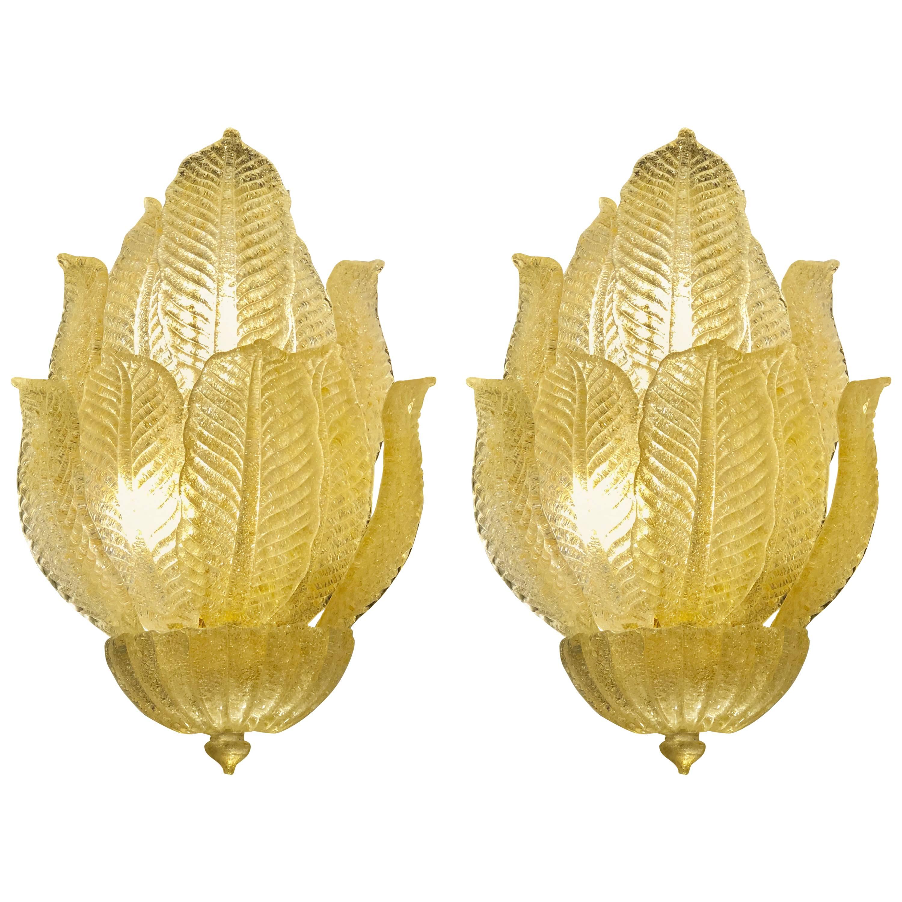 Pair of Barovier & Toso Murano Glass Leaf Design Four Light Wall Sconces