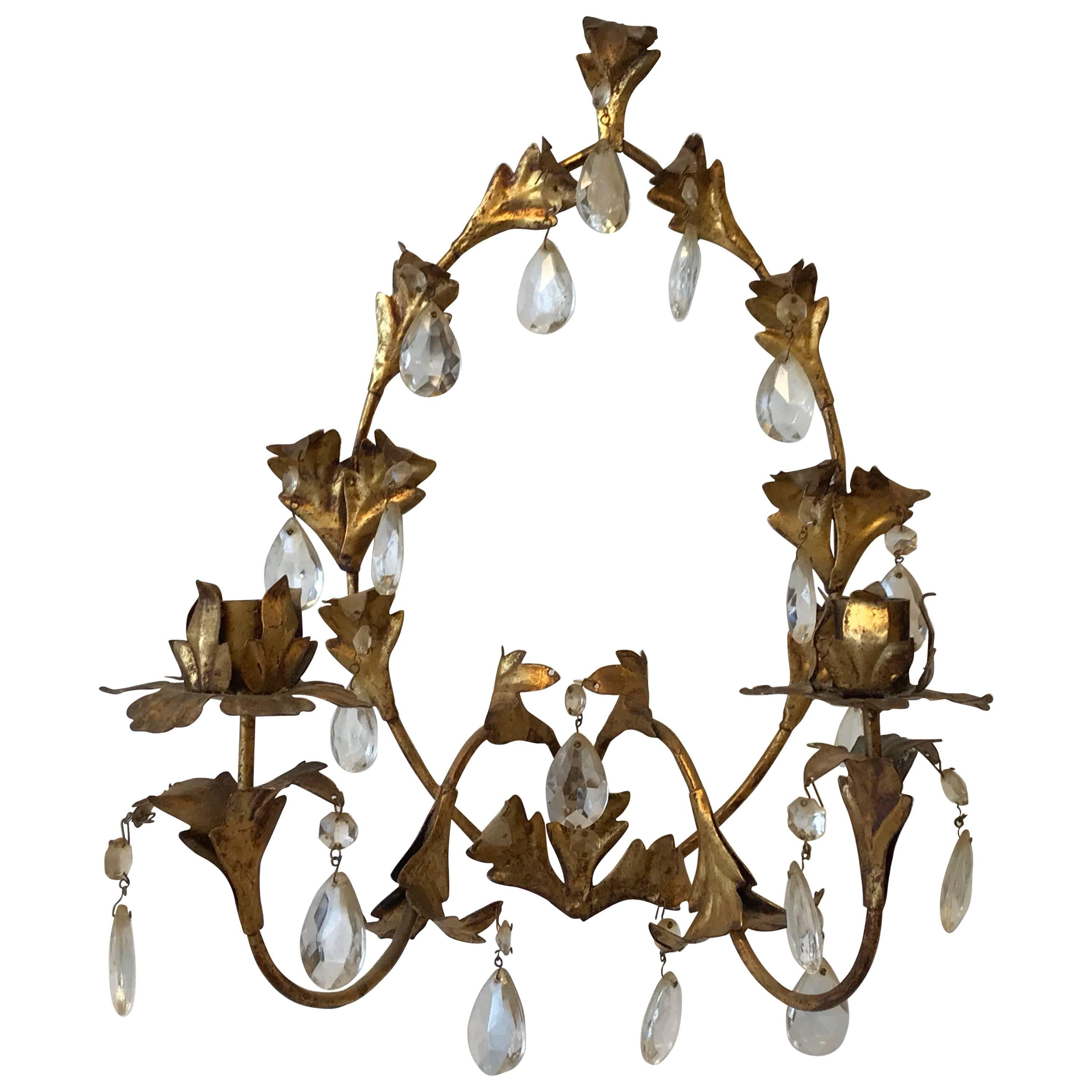 1960s Italian Florentine Gilded and Crystal Candlestick Wall Sconce