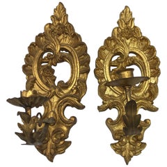 Vintage 1960s Italian Florentine Gilded Candlestick Wall Sconces, Pair