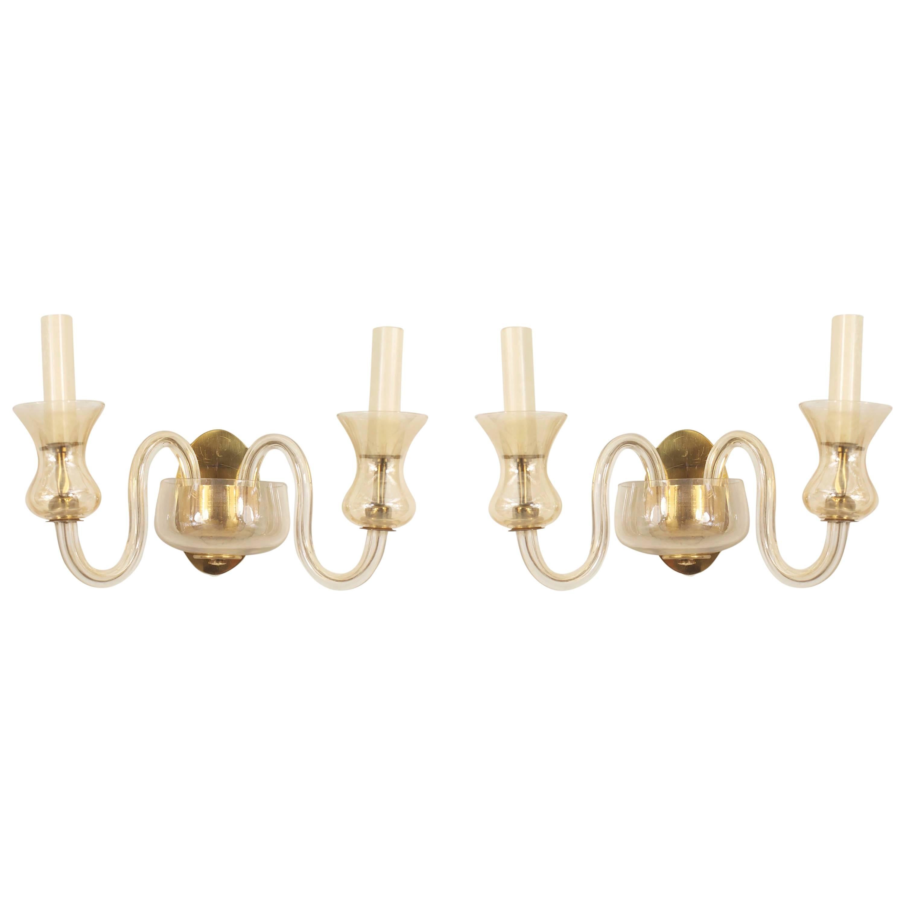 Pair of Italian Venetian Murano Pink Glass and Brass Wall Sconces