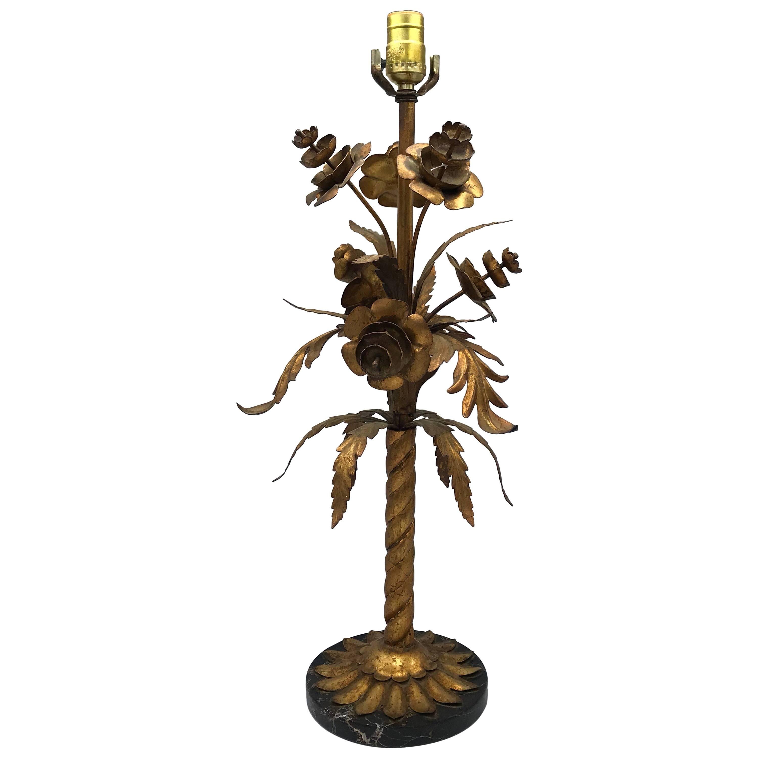 1960s Italian Florentine Gilded Lamp with Sculptural Floral Motif