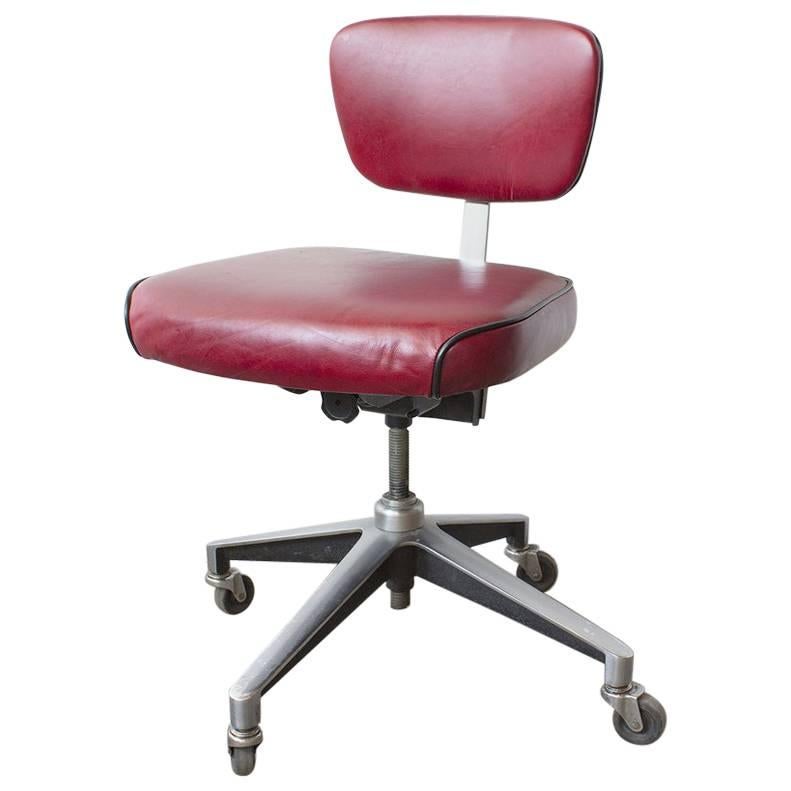 1960s Cast Aluminum Steno Chair with Red Leather Seat