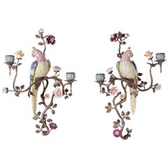 Pair of Porcelain Bird Sconces in Brass with Porcelain Flowers