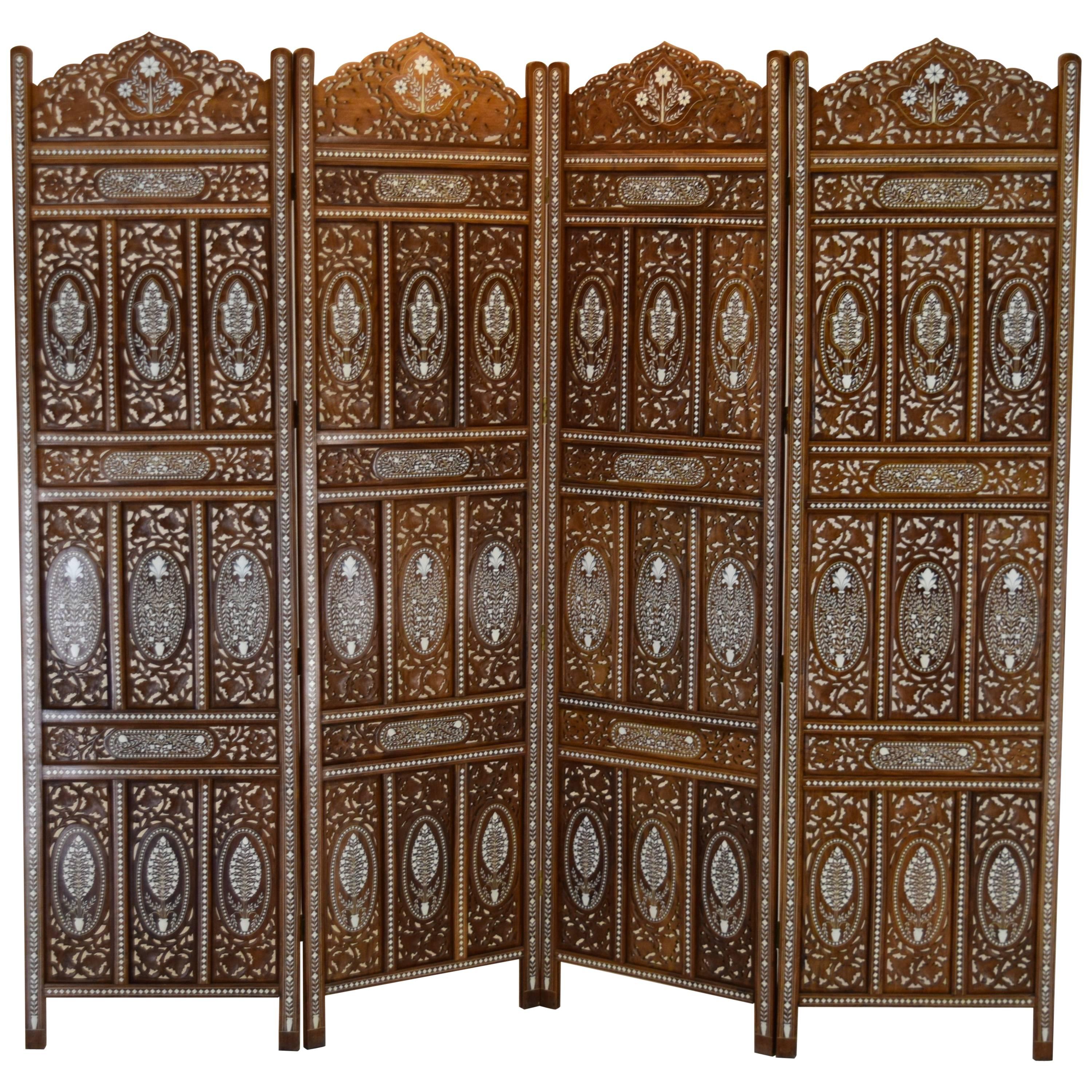Extraordinary Double Motif Anglo-Indian Privacy Folding Screen in Teak and Bone 