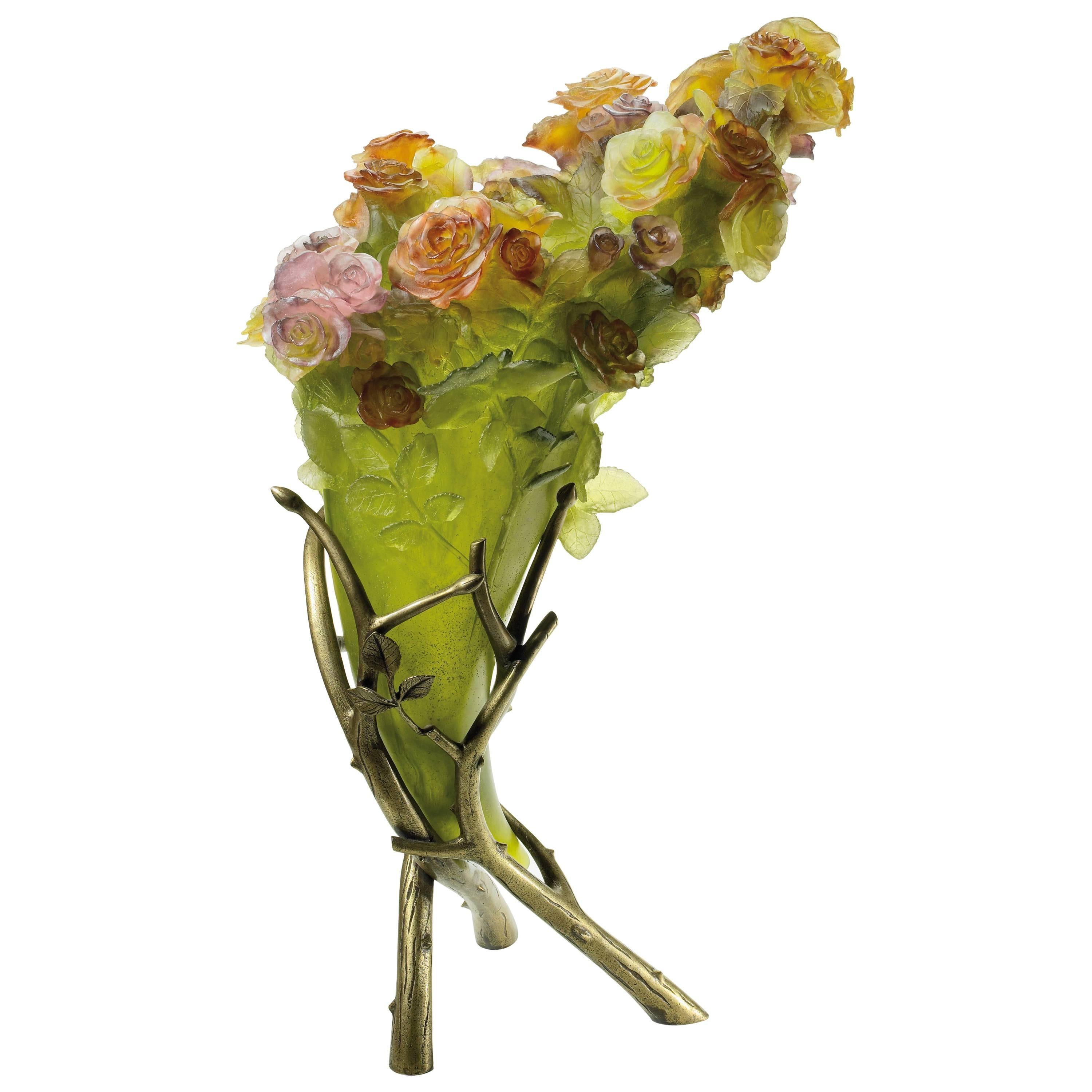 Limited Edition Pate De Verre Rose Flowers Sculpture "Corne D'abondance" by Daum For Sale